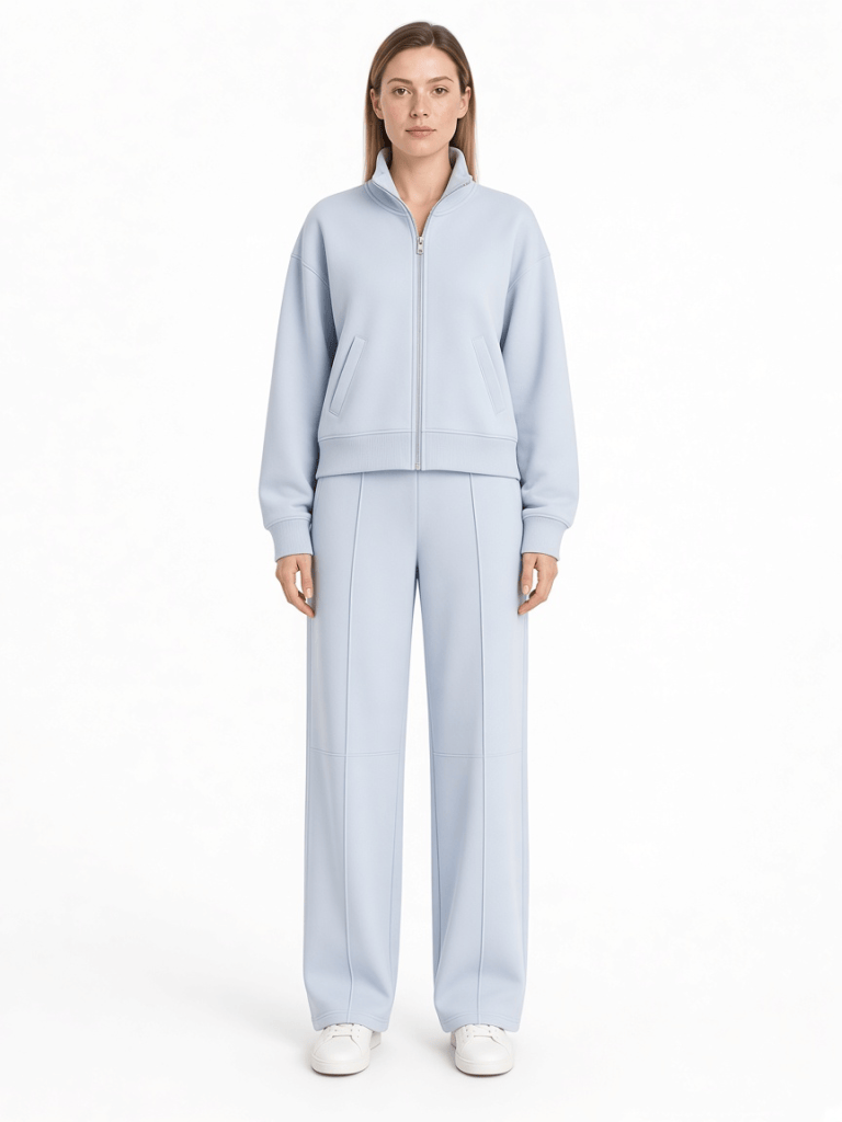 Light blue zip-front knitwear jacket with matching relaxed trousers on a model