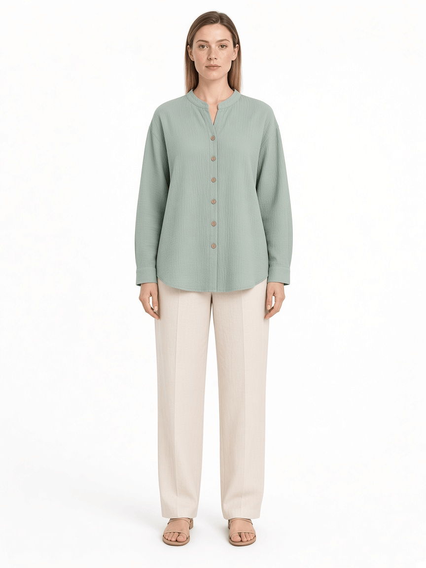 Sage Band-Collar Woven Shirt