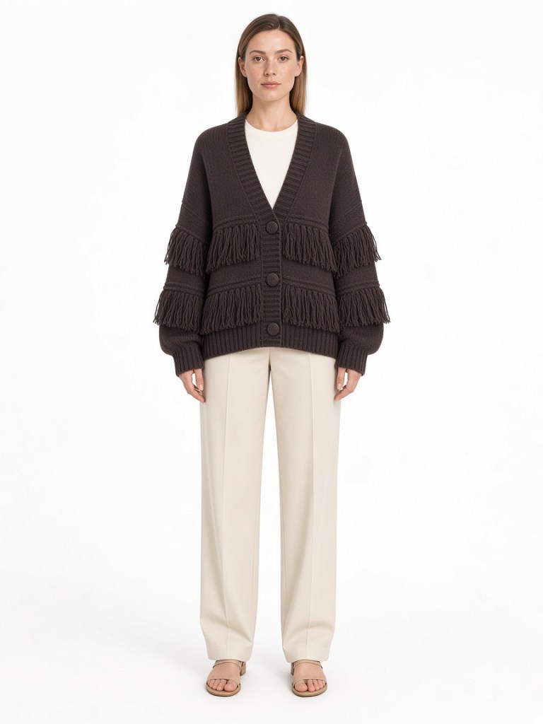 Front view of model wearing brown fringe-trim v-neck cardigan FM-LK-001 by Yuehua Garment