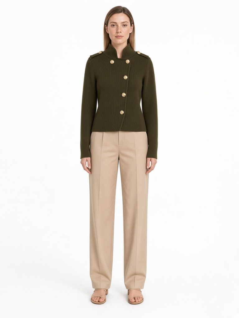 Front view of model wearing olive double-breasted knitted jacket FM-LK-002 by Yuehua Garment