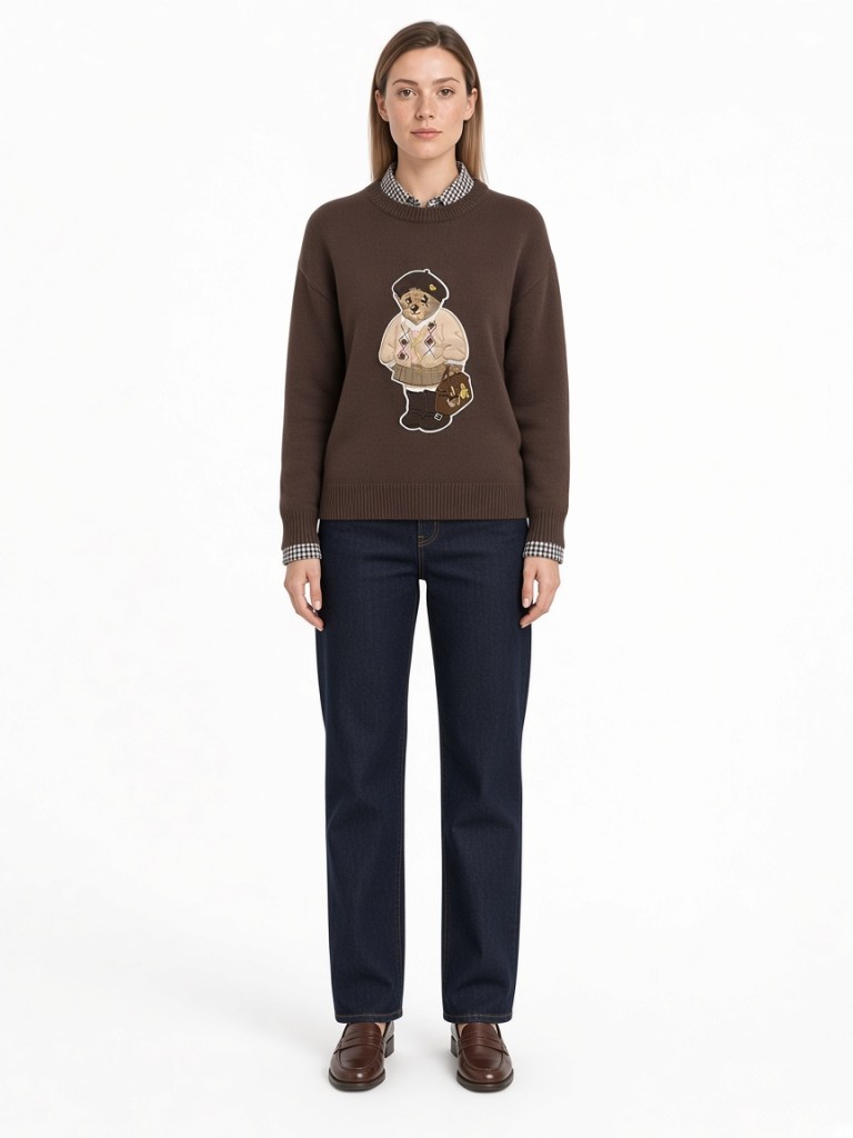 Front view of model wearing brown character-motif crew-neck sweater FM-LK-003 by Yuehua Garment