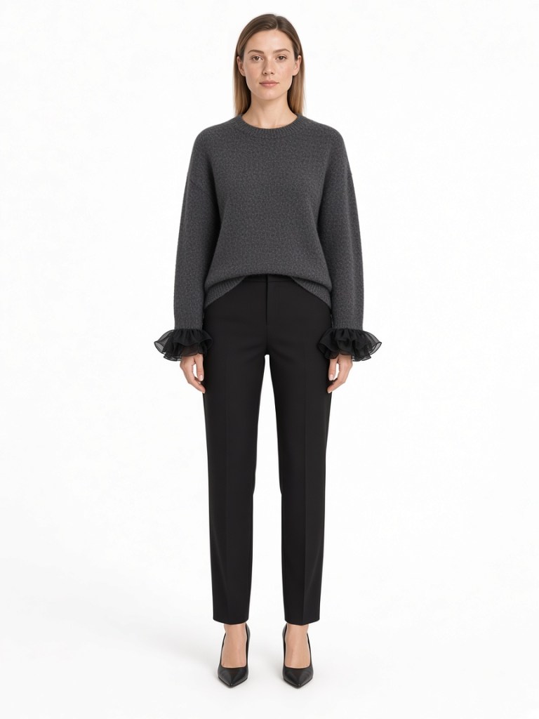 Front view of model wearing charcoal ruffle-cuff sweater FM-LK-004 by Yuehua Garment