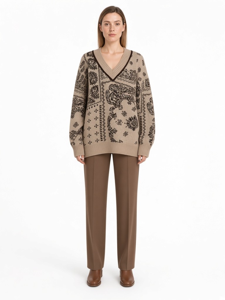 Front view of model wearing taupe patchwork-pattern v-neck sweater FM-LK-005 by Yuehua Garment