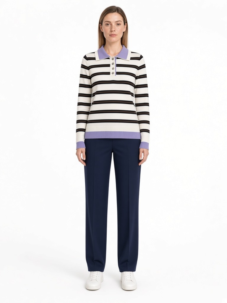 Front view of model wearing black stripe polo sweater with lilac trim FM-LK-006 by Yuehua Garment
