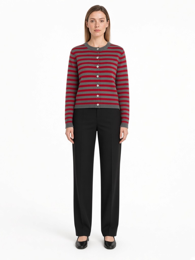 Front view of model wearing red and charcoal stripe cardigan FM-LK-007 by Yuehua Garment