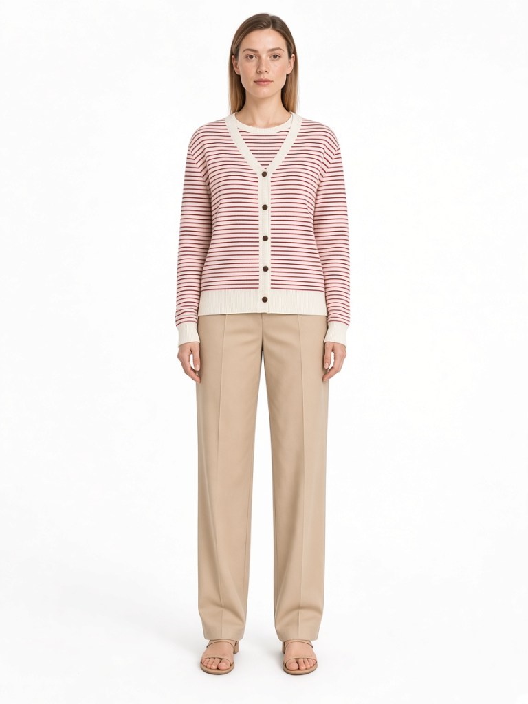 Front view of model wearing red fine-stripe v-neck cardigan FM-LK-008 by Yuehua Garment