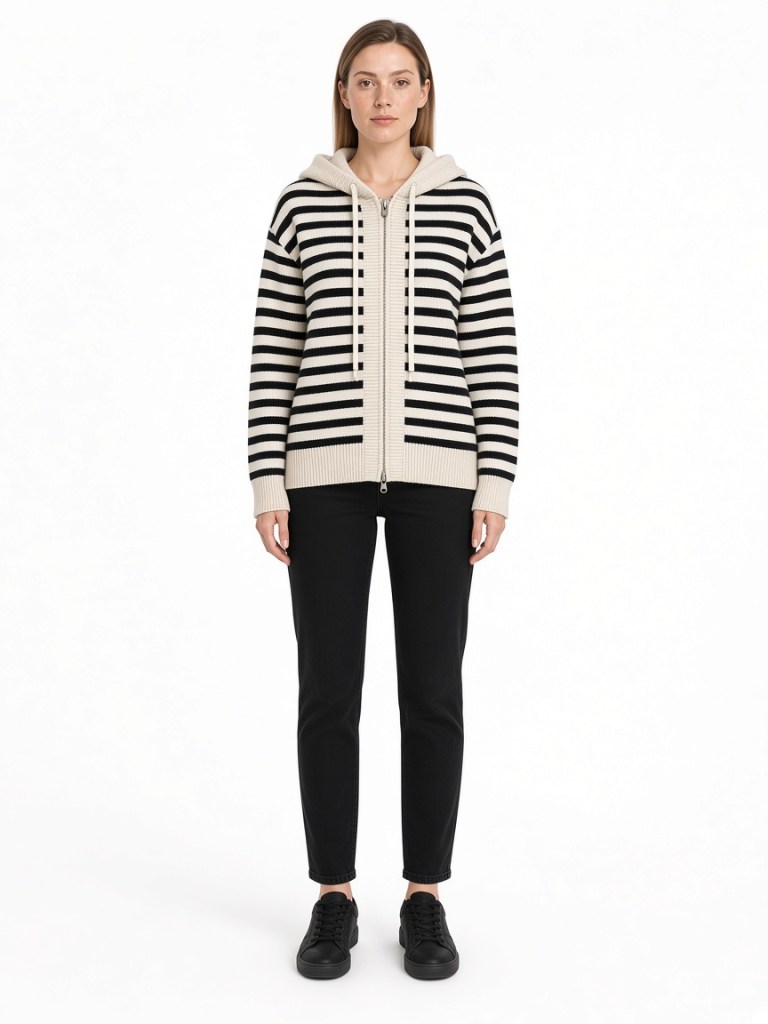 Front view of model wearing black stripe lace-up neck cardigan FM-LK-009 by Yuehua Garment