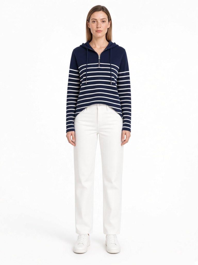 Front view of model wearing navy stripe half-zip hooded sweater FM-LK-010 by Yuehua Garment