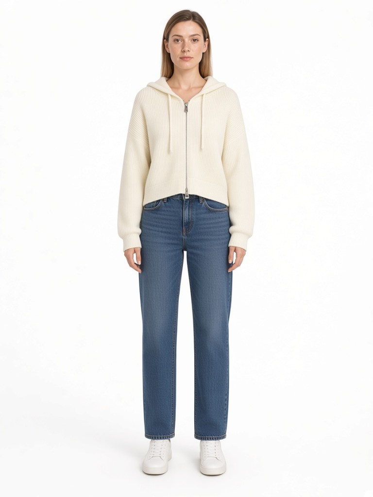 Front view of model wearing cream relaxed hooded zip cardigan FM-LK-011 by Yuehua Garment