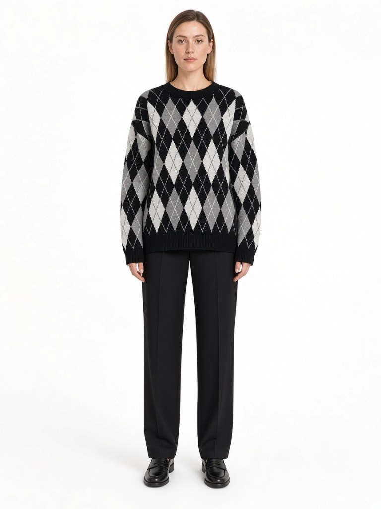 Front view of model wearing black and grey argyle sweater FM-LK-012 by Yuehua Garment