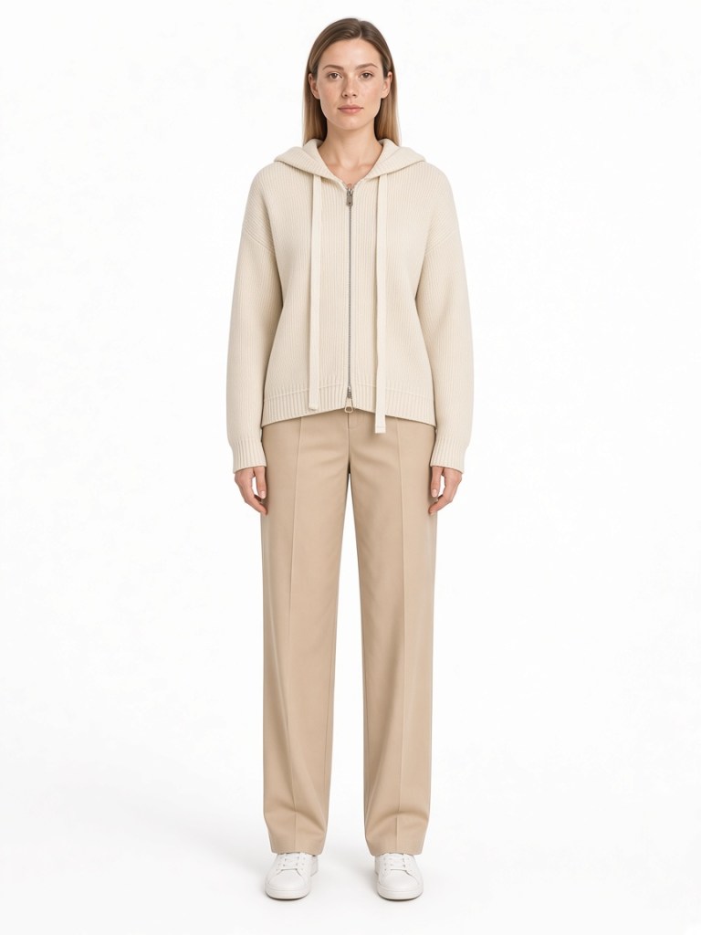Front view of model wearing oatmeal hooded zip cardigan with front ties FM-LK-013 by Yuehua Garment