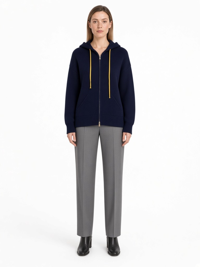 Front view of model wearing navy zip cardigan with yellow drawstrings FM-LK-014 by Yuehua Garment