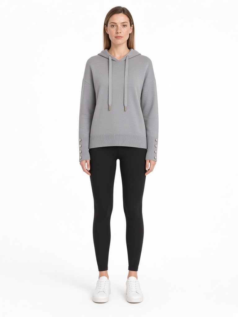 Front view of model wearing grey hooded sweater with sleeve buttons FM-LK-015 by Yuehua Garment