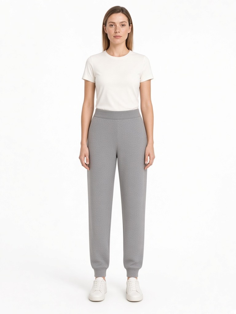 Front view of model wearing grey cuffed jogger trousers FM-LK-016 by Yuehua Garment