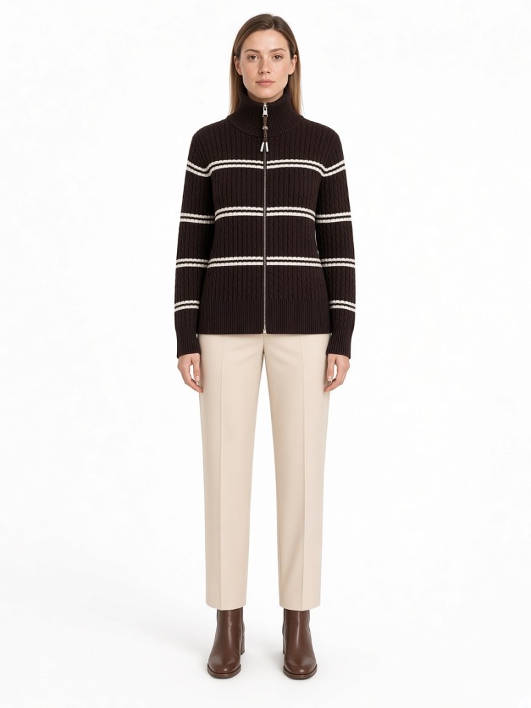 Front view of model wearing brown ribbed stripe zip cardigan FM-LK-017 by Yuehua Garment