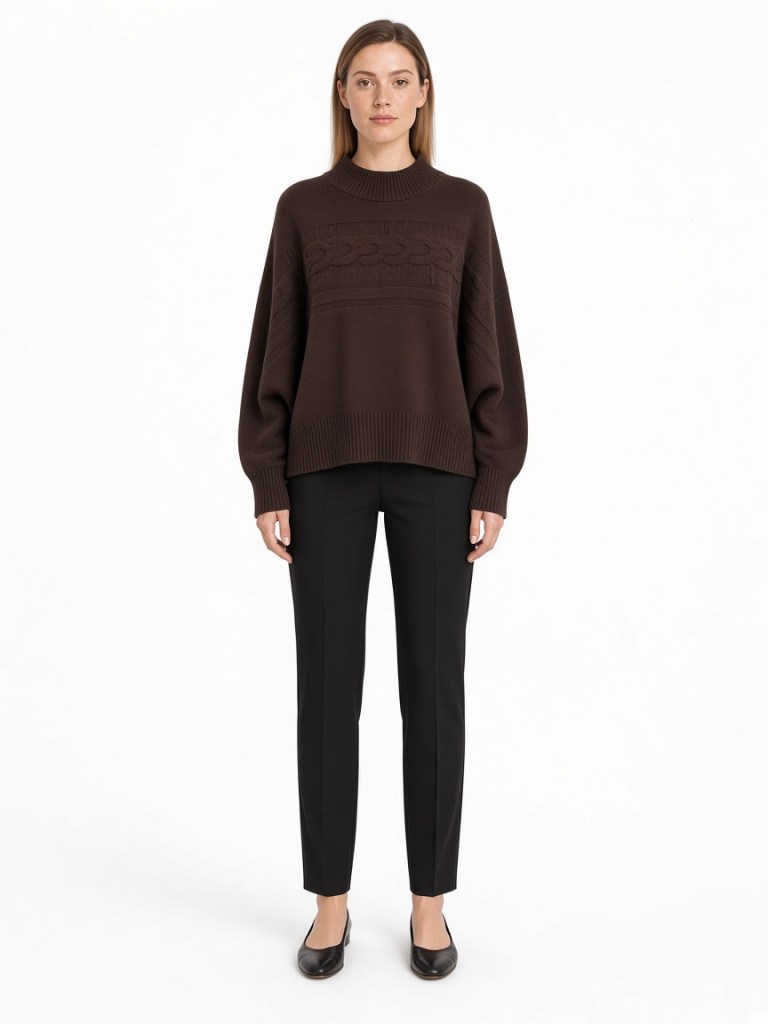 Front view of model wearing brown textured-yoke crew-neck sweater FM-LK-018 by Yuehua Garment