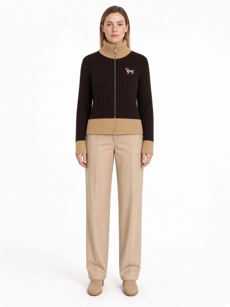 Front view of model wearing brown ribbed zip cardigan with contrast trim FM-LK-019 by Yuehua Garment