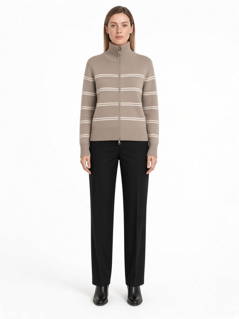 Front view of model wearing taupe fine-stripe zip cardigan FM-LK-020 by Yuehua Garment
