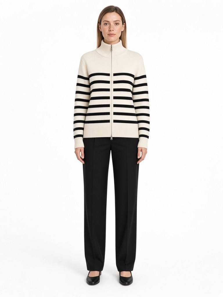 Front view of model wearing cream and black stripe zip cardigan FM-LK-021 by Yuehua Garment