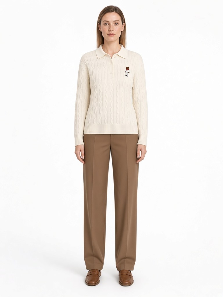 Front view of model wearing cream cable-knit polo sweater FM-LK-022 by Yuehua Garment