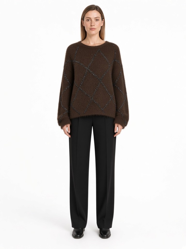 Front view of model wearing brown diamond-pattern relaxed sweater FM-LK-023 by Yuehua Garment