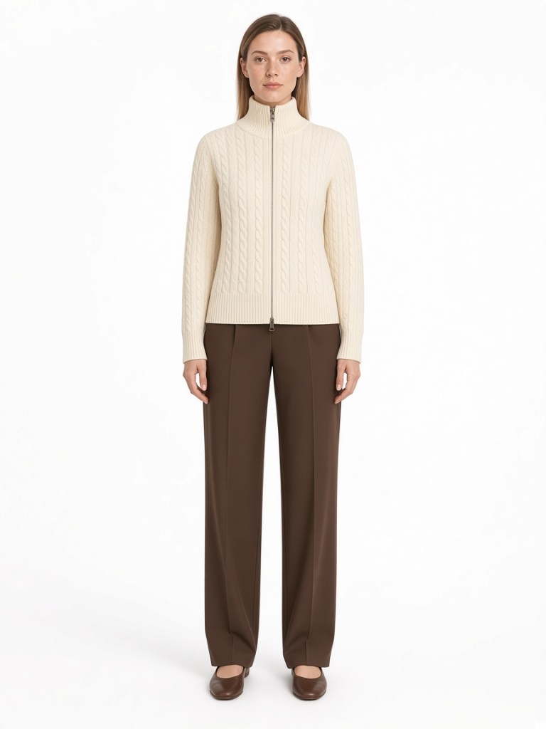 Front view of model wearing cream cable-knit stand-collar zip cardigan FM-LK-024 by Yuehua Garment