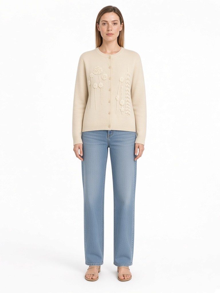 Front view of model wearing cream decorative-texture button cardigan FM-LK-025 by Yuehua Garment