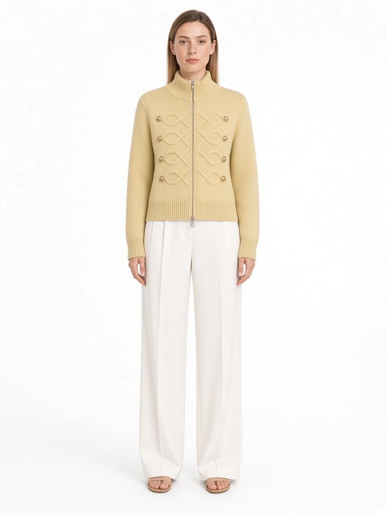 Front view of model wearing yellow decorative-button knitted jacket FM-LK-026 by Yuehua Garment