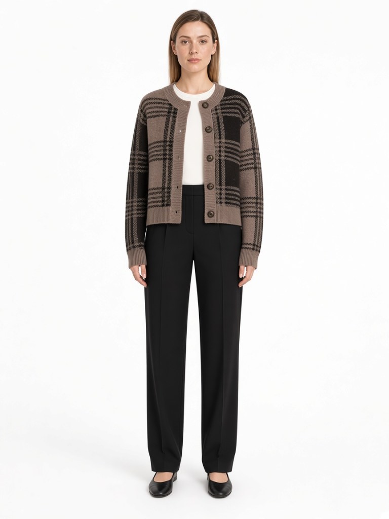 Front view of model wearing brown check round-neck cardigan FM-LK-027 by Yuehua Garment