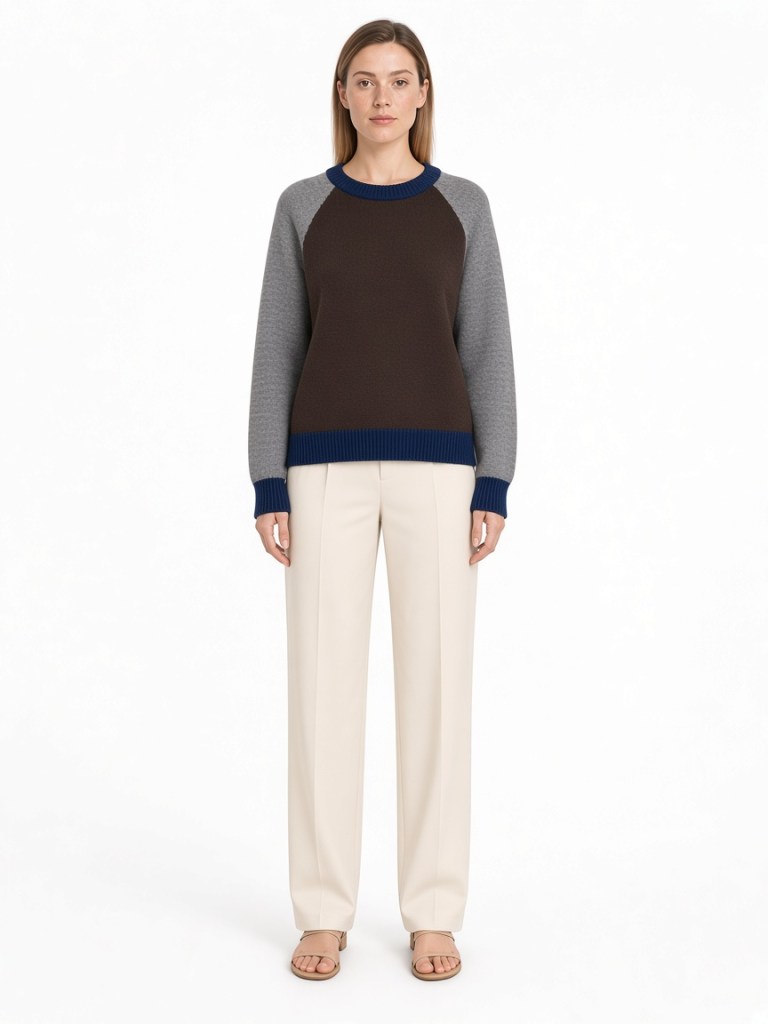 Front view of model wearing colour-block raglan crew-neck sweater FM-LK-028 by Yuehua Garment