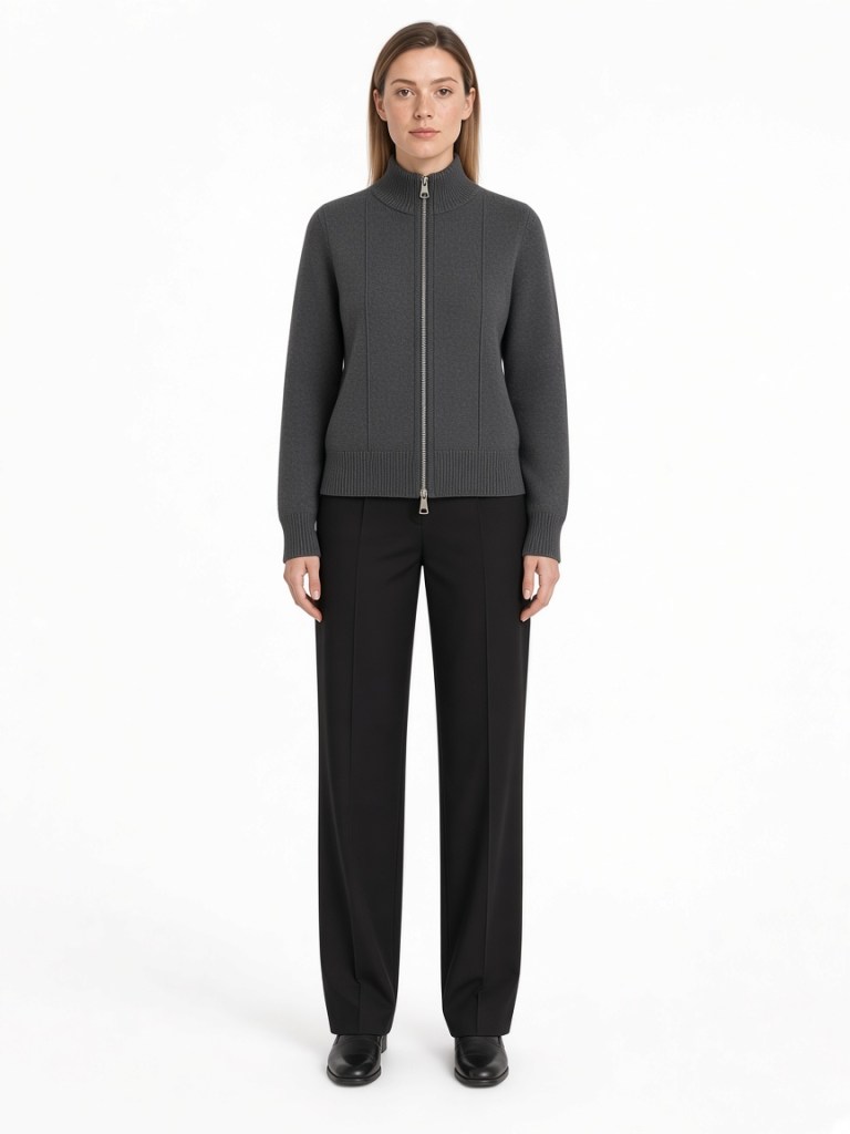 Front view of model wearing charcoal stand-collar zip cardigan FM-LK-029 by Yuehua Garment