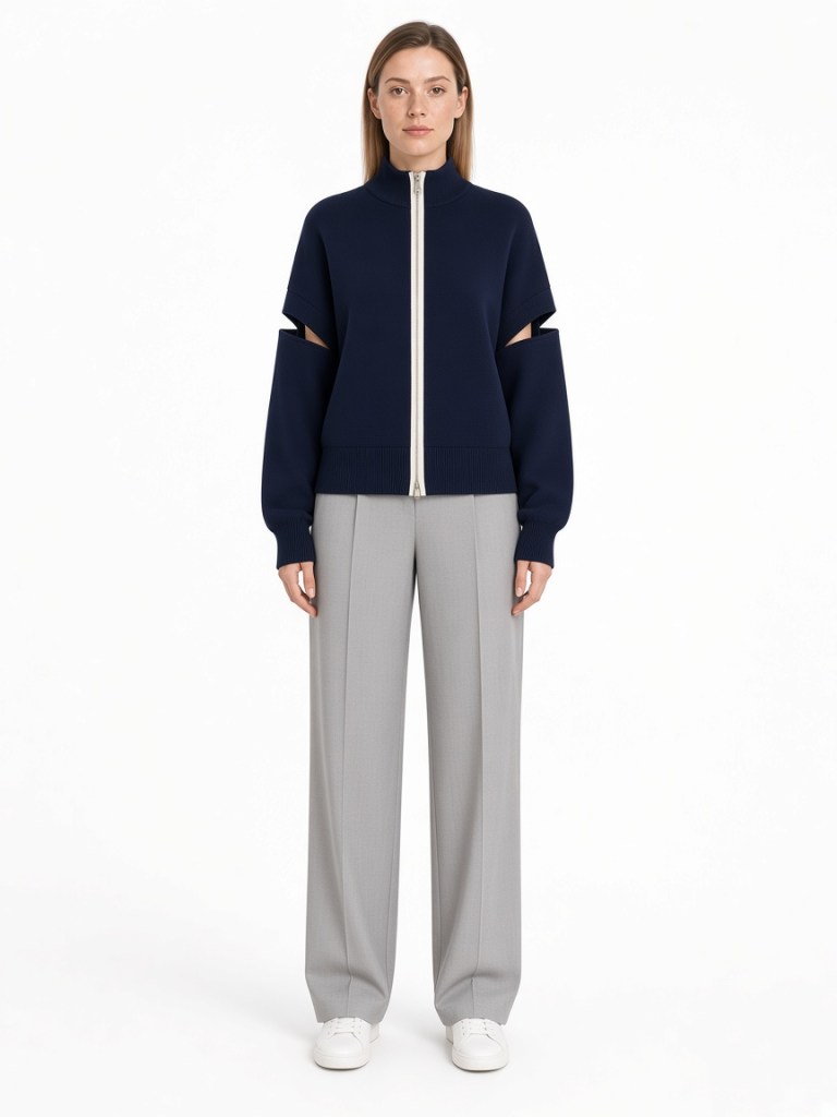 Front view of model wearing navy zip cardigan with sleeve cut-outs FM-LK-030 by Yuehua Garment