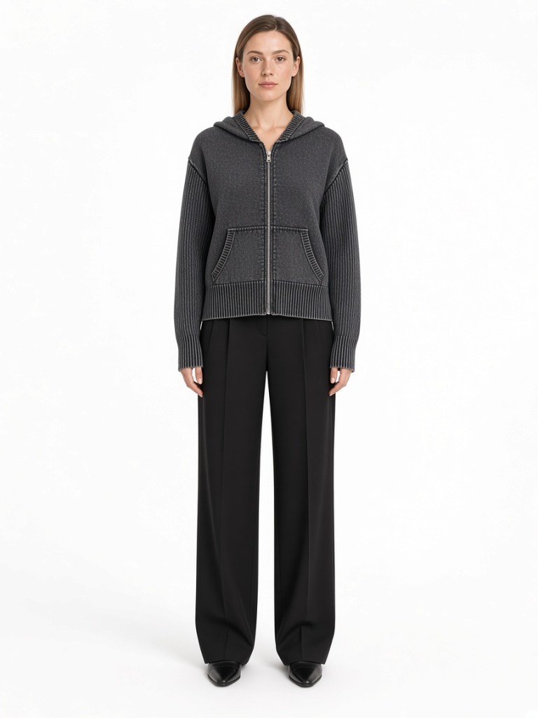 Dark hooded zip knitted cardigan FM-LK-031 with patch pockets and ribbed panels