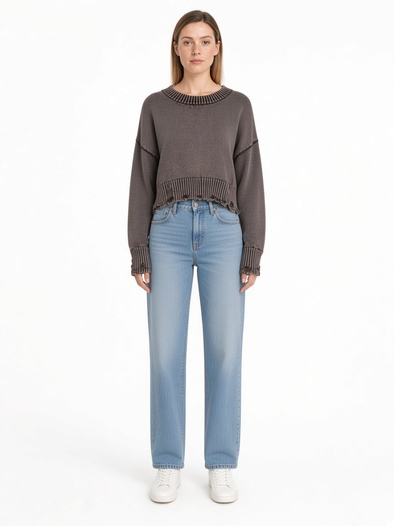 Front view of model wearing washed-look cropped grey sweater FM-LK-032 by Yuehua Garment