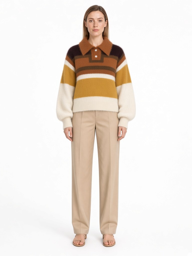 Front view of model wearing earth-tone stripe polo sweater FM-LK-033 by Yuehua Garment