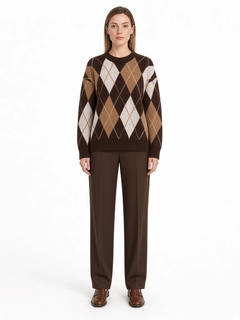 Front view of model wearing brown and camel argyle sweater FM-LK-034 by Yuehua Garment