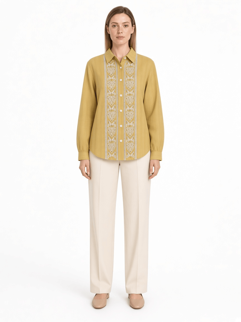 FM-LK-038 mustard yellow collared shirt with pale decorative front panels and cuffed long sleeves on a model