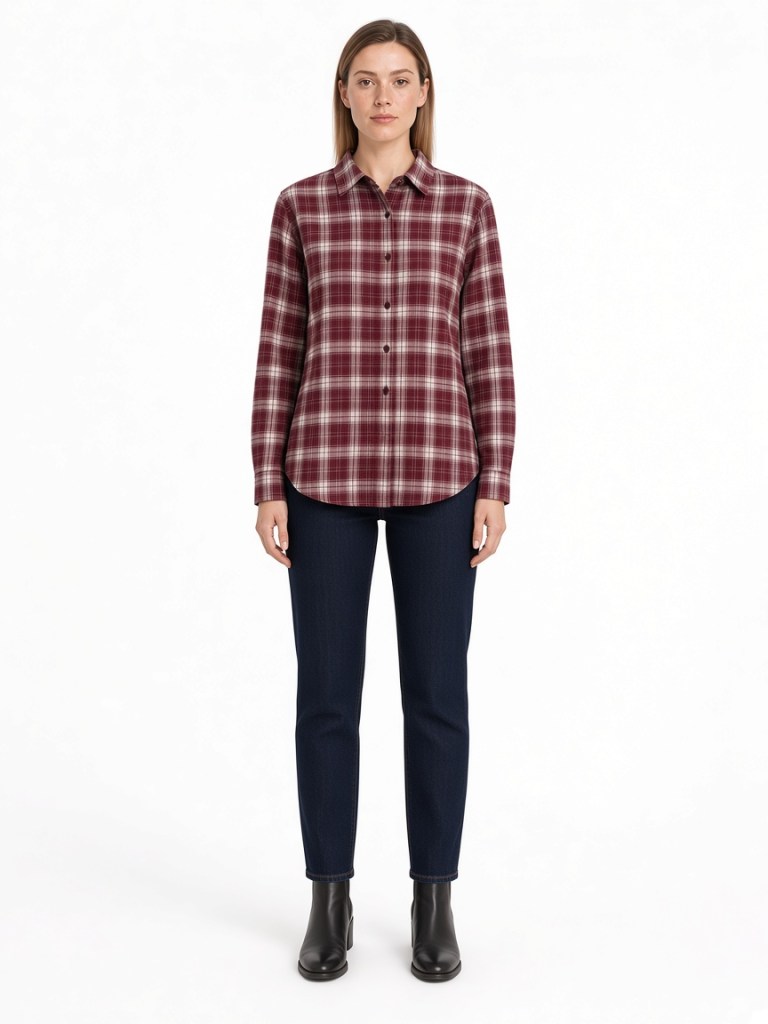 FM-LK-040 Burgundy and cream check pattern, pointed collar, button front, long sleeves and curved hem shown on a model