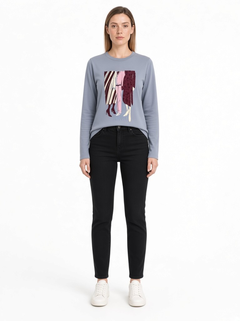 FM-LK-042 Blue grey crew-neck top with long sleeves and a multicolour graphic on the front shown on a model
