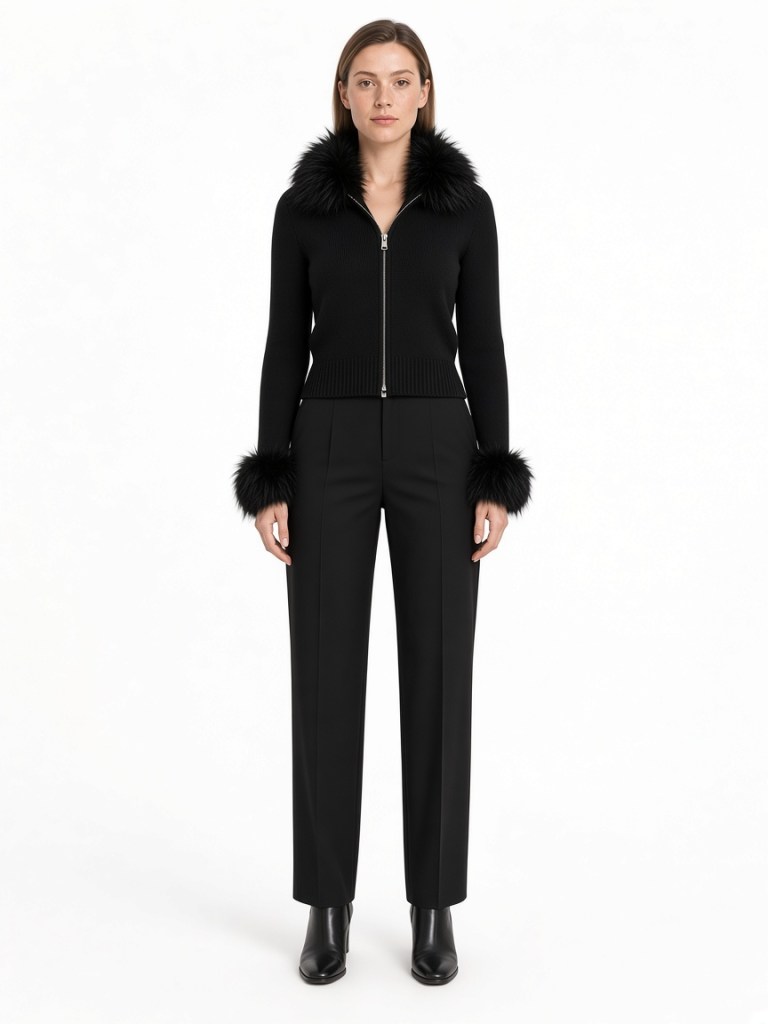 FM-LK-043 Black long-sleeve zip cardigan with ribbed texture, ribbed hem and fluffy trim around the neckline and cuffs shown on a model