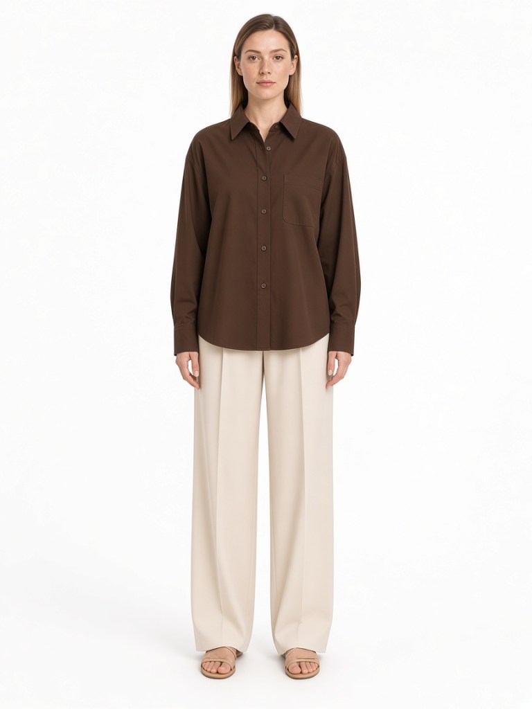 FM-LK-044 Brown collared shirt with a button front, single chest patch pocket, long cuffed sleeves and a curved hem shown on a model