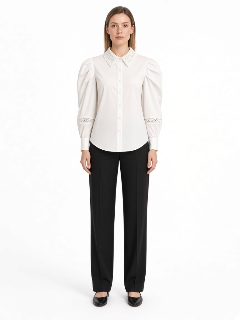 FM-LK-046 White button-front blouse with a decorative pointed collar, pleated puff sleeves, openwork sleeve bands and fitted cuffs shown on a model
