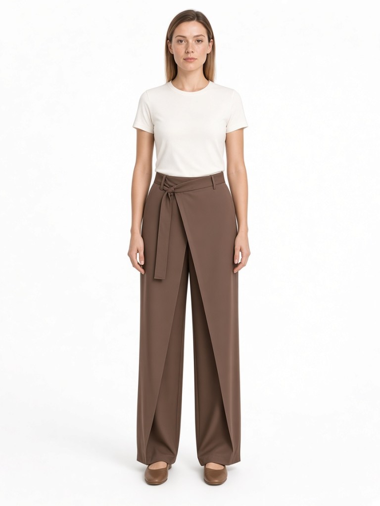 FM-LK-047 Brown wide-leg trousers with an overlapping front panel, waist tie and full-length silhouette shown on a model
