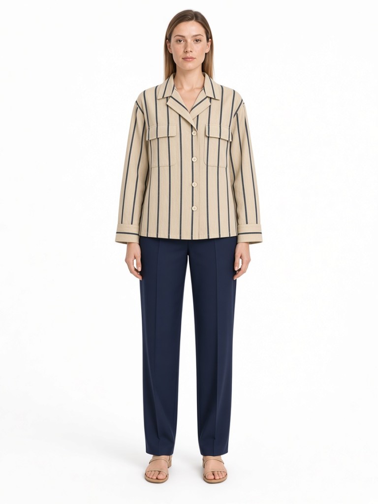 FM-LK-048 Beige shirt with dark vertical stripes, open collar, button front, two flap chest pockets and long cuffed sleeves shown on a model
