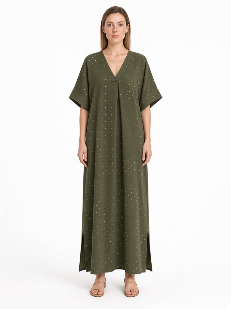 FM-LK-052 Olive maxi dress with a small light dot pattern, V-neck, short wide sleeves, centre-front pleat and side slits shown on a model